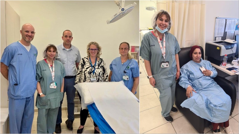 בתמונה הגדולה מימין: אירית פייגין, ד"ר נטע אלון שליב, ד"ר אלון ספיר, ולריה בילצקי, ד''ר לורין שוורץ, מימין המטופלת הראשונה לצד בילצקי דוברות מחוז ירושלים